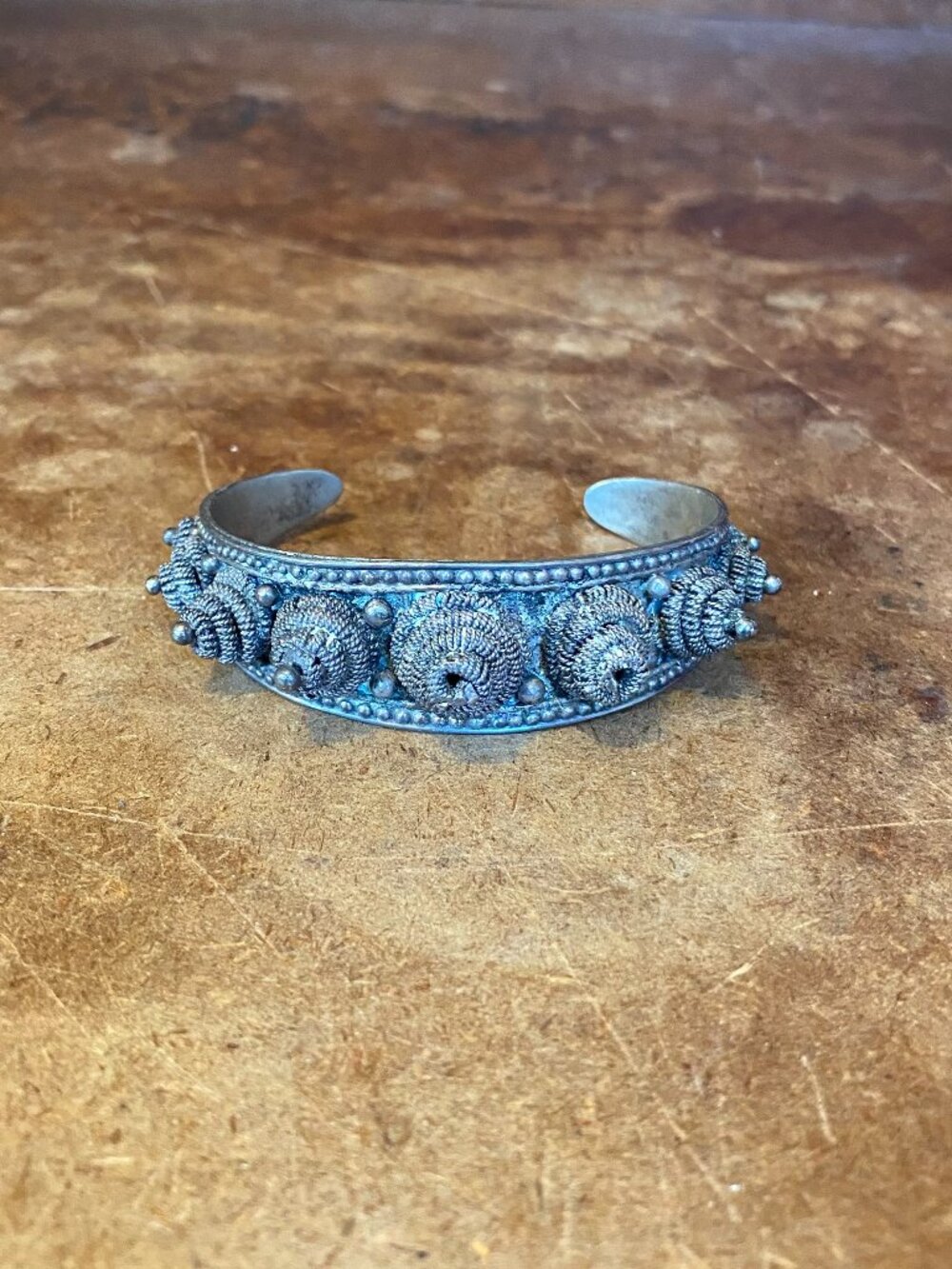 1990s Vintage Open Cuff Silver Toned Bracelet Steel Cone Tribal Boho Steampunk